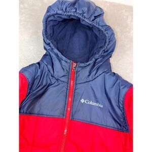 Columbia Kids MED 10-12 Puffer Jacket Red Blue Hooded Fleece Lined Winter Coat